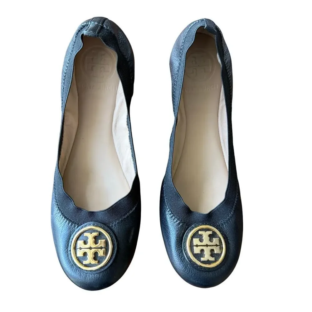 Tory Burch Claire Elastic Ballet Flats Shoes Perfect Black Gold Size 5.5 Comfort